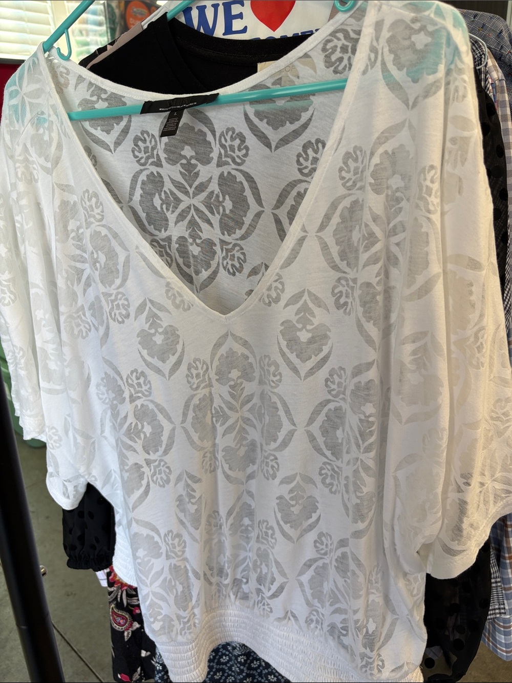 White House Black Market White V-Neck Sheer Patterned Tunic